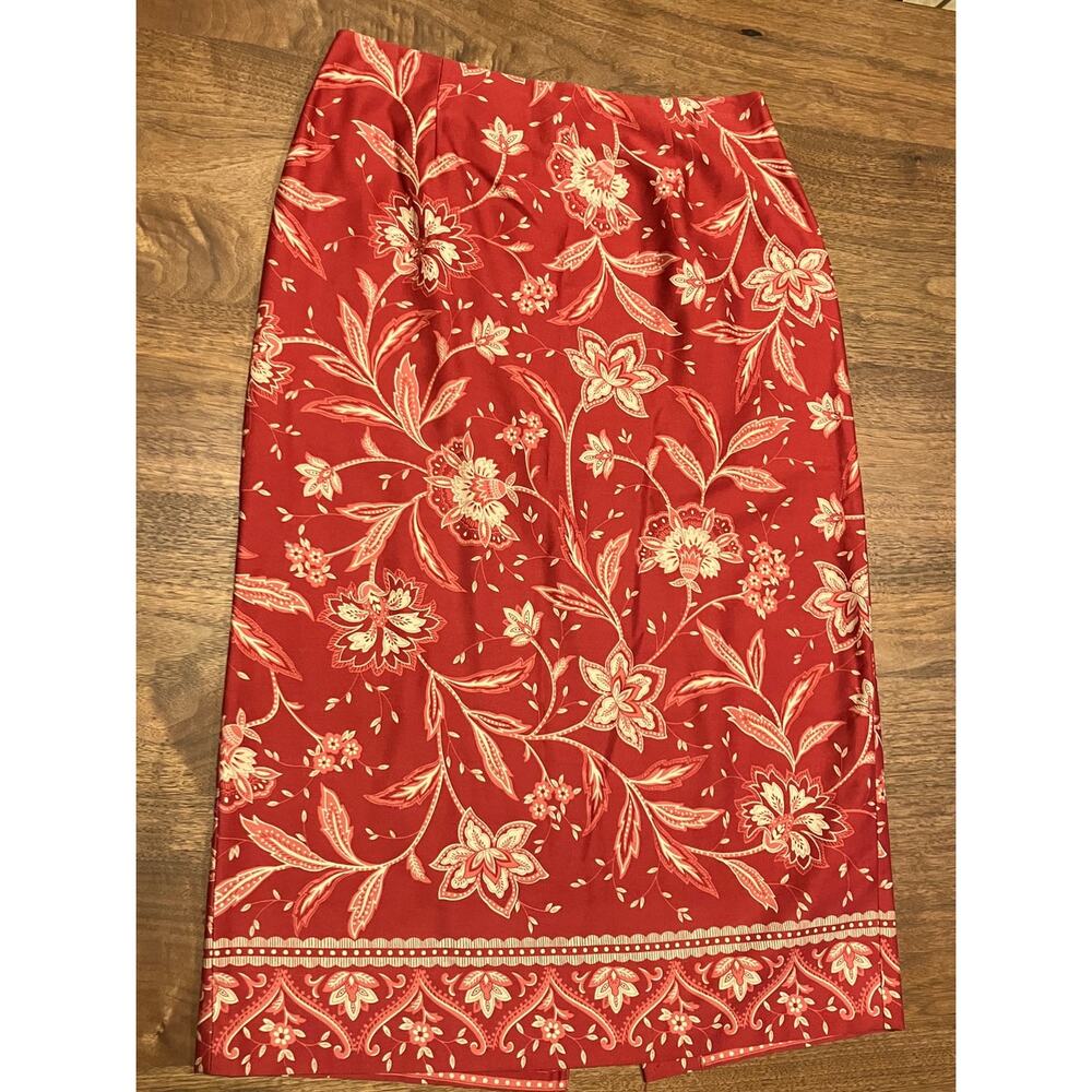 Talbots Petite 12 Red Floral Cotton Skirt Made‎ in USA Lined Back Vent Chic Midi